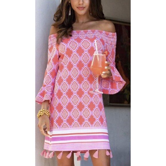 Cabana Life Dresses & Skirts - CABANA LIFE Women’s Coral Geo Off The Shoulder Dress Size Small Beach Boho